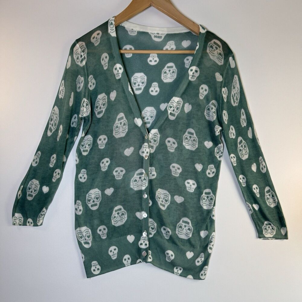 Unbranded‎ Skulls Cardigan Small Green Sheer Lightweight Goblincore Whimsigoth